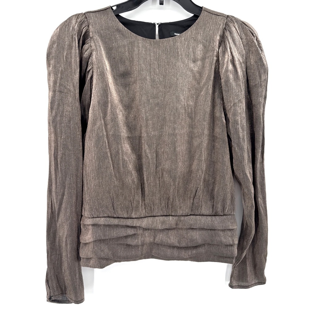 Express Women Blouse L Bronze Metallic Puff Sleeve Smocked Waist Holiday Top